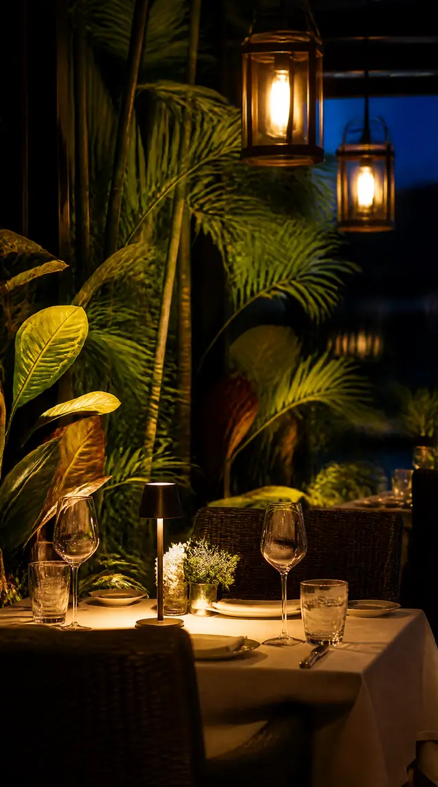 Table de restaurant en terrasse le soir